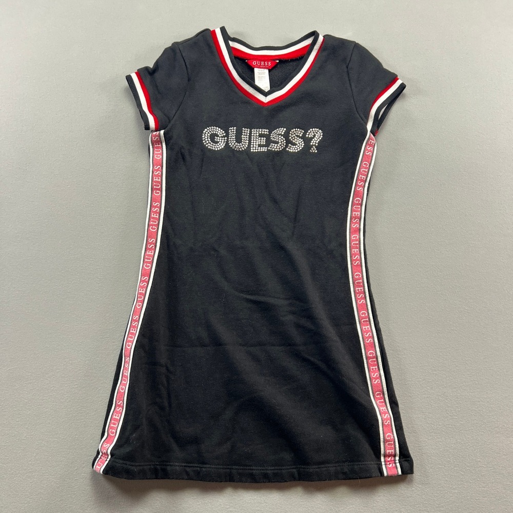 GUESS T-Shirt Dress Girls 7 Black Rhinestone Logo Striped Side Taping V-Neck